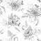 Black and white semless pattern of pencil sketch illustration of tulip, aster flowers and eucalyptus leaves