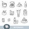 Black and white set of beverages, collection of vector items with names in English. Cartoon visual dictionary