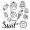 Black and white set of cute, kawai sweets and confection and with Sweet hand drawn lettering