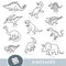 Black and white set of dinosaurs, collection of vector animals with names in English. Cartoon visual dictionary