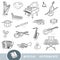 Black and white set of musical instruments, collection of vector items with names in English. Cartoon visual dictionary