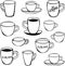 Black and white set of twelve different cups and mugs. Crockery vector set with mugs.