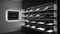 Black and white shoes on shelves in the store. 3d render