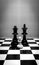 Black and white shot of chess pieces of a black king and queen and a white pawn standing in front of them on a chessboard