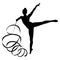 Black-and-white silhouette image of the figures of sportswomen, gymnastics, exercises with objects-a ball and a ribbon