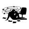 Black and white silhouette of a man sitting on the floor near an office chair who is tired of paperwork. Concept of dizzy from