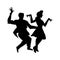 Black and white silhouette of man and woman dancing a swing, lindy hop, social dances. Isolated vector illustration.