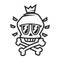 Black and white silhouette of stylish funny skull with christened bones wearing glasses and crown on its head.