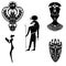 Black - White silhouettes of the ancient god of the Egyptian Ra, scarab beetle, Pharaoh Nefertiti, Cleopatra, African mask shaman