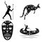 Black - white silhouettes of traditional Australian shaman mask, native with a boomerang, a boat and a kangaroo.
