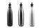 Black, white and silver, stainless thermo bottles with mockup and half open cap, for water or another liquid. Steel bottle, no pla