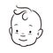 Black and white simple line vector cartoon illustration of a smiling baby face.