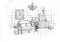 Black and white sketch of a display of French country furniture.