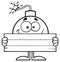 Black And White Smiling Bomb Cartoon Mascot Character Holding Wooden Blank Sign