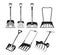 Black and White Snowplow Shovels Icons Set. Tools Designed To Conquer Winter White Blanket. Monochrome Illustration