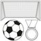 Black and white soccer ball, gate, medal icon set.