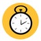 Black and white stopwatch clock inside yellow round background