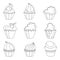 Black and white stylized birthday cakes. Sweet food, linear, contour. Illustration can be used for coloring book and pictures for