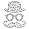 Black and white stylized bowler, glasses and mustache.