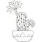 Black and white stylized flowering Echinopsis with spines and flowers. Home tropical parting in a patterned pot. Scandinavian styl