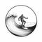 Black And White Surfer Riding Waves: Circular Illustration