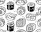 Black and white sushi and sashimi seamless pattern in kawaii style.
