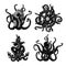 Black and white tattoo set with octopus. Tentacles with anchor helmet and helm. Isolated on white clip art collection.