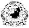Black and white Taurus. Cute Zodiac in a colorful wreath of leaves, flowers and stars around. Cute Taurus perfect for