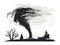 Black and white tornado vector illustration, intense storm over trees and a house. Disaster, emergency concept. Nature s