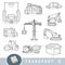 Black and white transport set, collection of vector items. Cartoon visual dictionary for children