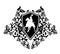 Black and white vector heraldic emblem with knight riding horse and rose flowers