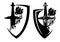 Black and white vector heraldic shield design set with sword hilt and rose flower