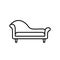 Black & white vector illustration of chaise lounge sofa. Line icon of settee. Modern home & office furniture. Isolated on white b
