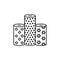 Black & white vector illustration of fabric assortments. Line icon of textile rolls with different patterns for quilting &