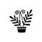 Black & white vector illustration of fern with leaves in pot. De