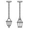 Black & white vector illustration of hanging pendant lamp. Line icon of outdoor & indoor light fixture. Isolated object