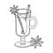 Black and white vector illustration. Mulled wine in a glass. Hot wine alcoholic drink. Winter beverage