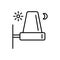 Black & white vector illustration of outdoor light dusk to dawn sensor. Line icon of energy saving wall lamp. Isolated object