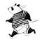 Black and white vector illustration. Running panda in t-shirt and jeans