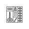 Black & white vector illustration of sewing kit in box. Line icon of quilting, patchwork & needlework tools in one set.