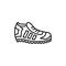 Black & white vector illustration of sneakers. Menâ€™s sport shoes. Line icon of male footwear. Isolated on white background.