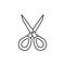 Black & white vector illustration of straight scissors. Line icon of quilting & sewing instrument to cut fabric.