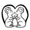 Black white vector illustration with two mouses with a heart of tails.