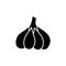 Black & white vector illustration of whole garlic bulb. Flat icon of fresh head of garlic with cloves. Spice & seasoning. Health