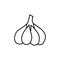 Black & white vector illustration of whole garlic bulb. Line icon of fresh head of garlic with cloves. Spice & seasoning. Vegan &