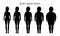 Black and white vector illustration of woman silhouettes. Womens with different weight from normal to extremely obese.