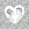Black and white vector illustration of young couple. Man and woman looking to each other in decorative heart-shaped floral frame.