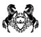 Black and white vector outline of horses holding heraldic shield with crown and rose flowers