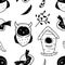 Black and white vector pattern of owls and elements on white background. Seamless illustration of birds, feathers, branch and