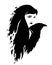 Black and white vector portrait of shaman sorceress woman and raven bird